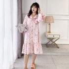 Rabbit Print Collared Long-sleeve Sleep Dress