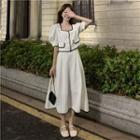 Square Neck Piped Short-sleeve Blouse / High Waist Skirt