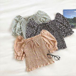 Floral Square-neck Frilled Puff-sleeve Top