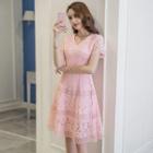 Crochet Short-sleeve Midi A-line Dress