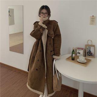 Fleece Trim Double-breasted Midi Coat Khaki - One Size