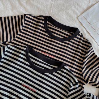 Short-sleeve Striped Lettering Print T-shirt