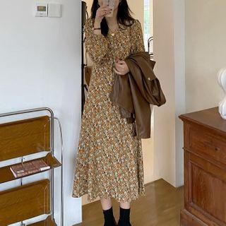 Long Sleeve V Neck Floral Print Dress