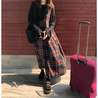 Plain Long-sleeve T-shirt/ Plaid Maxi Jumper Dress