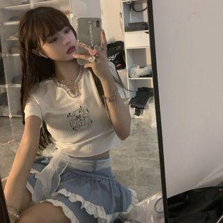 Short-sleeve Lace Trim Crop Top / Leopard Print Camisole Top