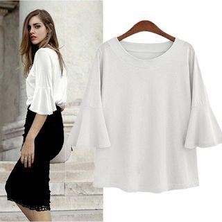 Elbow-sleeve Ruffle Plain Top