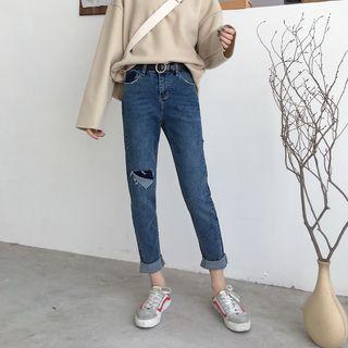 Distressed Patch Slim-fit Jeans
