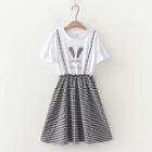 Rabbit Print Short-sleeve Inset Plaid Dress