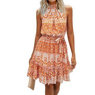 Sleeveless Print Tie-waist A-line Dress