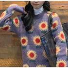 Long-sleeve Flower Printed Sweater Purple - One Size
