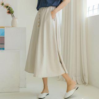 Button-detail Long Flare Skirt