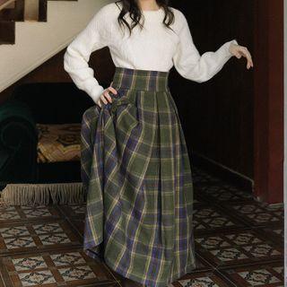 Set: Sweater + Plaid Woolen Midi A-line Skirt