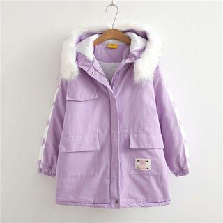 Furry-trim Heart Print Zip Hooded Jacket