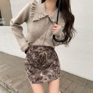Ruffle Collared Cardigan / Tie-dyed Mini Pencil Skirt