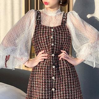 Set: Balloon-sleeve Lace Top + Beaded Tweed Pinafore Dress