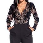 Long-sleeve Sequined Panel Jumpsuit