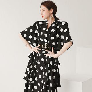 Elbow-sleeve Belted Dotted Midi A-line Dress