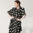 Elbow-sleeve Belted Dotted Midi A-line Dress