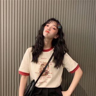 Cartoon Lettering Contrast Trim Short-sleeve T-shirt