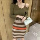 Set: Striped Spaghetti Strap Sheath Dress + Distressed Sweater