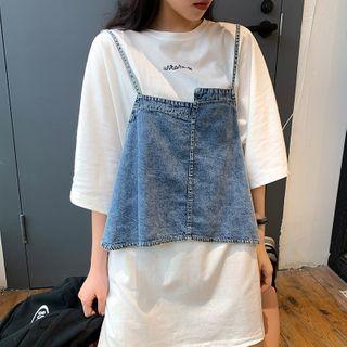 Spaghetti Strap Denim Top / Elbow-sleeve Mini A-line Dress / Set