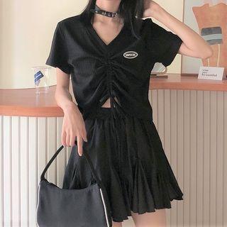 Short-sleeve Drawcord Crop Top / Mini A-line Skirt
