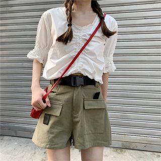 Ruffle Trim Elbow Sleeve Top / Wide Leg Shorts