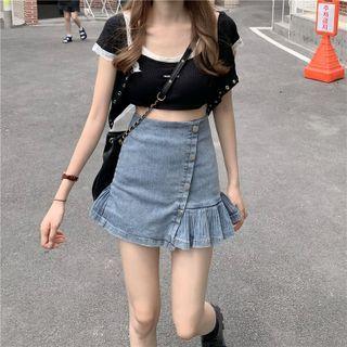 High-waist Asymmetric Ruffle Hem Denim Mini Skirt