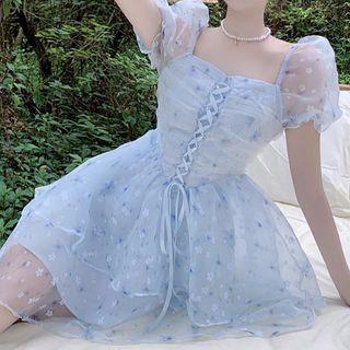 Puff-sleeve Floral Lace Up Mini A-line Dress