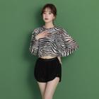 Set: Bikini Top + Shorts + Long-sleeve Zebra Print Top