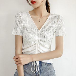 Rhinestone Drawstring Short-sleeve T-shirt