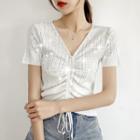 Rhinestone Drawstring Short-sleeve T-shirt