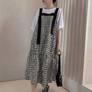 Set: Puff-sleeve Plain Blouse + Patterned Midi Overall Dress