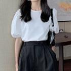 Puff-sleeve Round Neck Plain Blouse