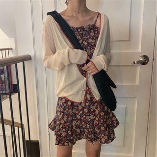 Spaghetti Strap Floral Print Mini Dress / Plain Cardigan / Set