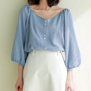 3/4 Sleeve V-neck Buttoned Blouse Blue - One Size