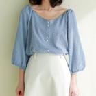 3/4 Sleeve V-neck Buttoned Blouse Blue - One Size