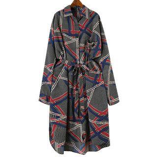 Long-sleeve Pattern Midi Shirt Dress