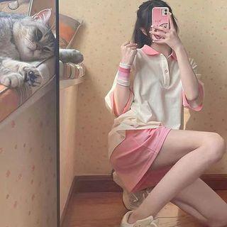 Elbow-sleeve Collar Contrast Trim T-shirt / Shorts / Set