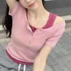 Mock Two Piece Short-sleeve Color-block T-shirt