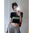 Short-sleeve Striped Knit Crop Top Black & Green - One Size