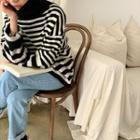 Button-detail Wool Blend Turtleneck Stripe Sweater