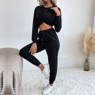 Set: Long Sleeve Plain Cropped Sweatshirt + Pants