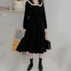 Lace-trim Collar Velvet Long-sleeve Dress Black - One Size