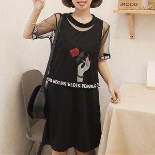 Set: Mesh Short-sleeve Top + Print Sleeveless Dress