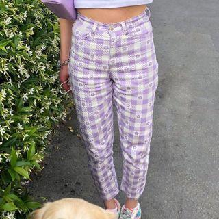 Floral Print Gingham Straight-leg Pants