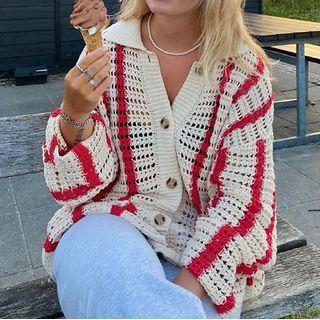 Striped Pointelle Knit Collared Cardigan