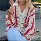 Striped Pointelle Knit Collared Cardigan