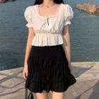 Lace Collar Puff-sleeve Shirt + High-waist Ruched Mini Skirt