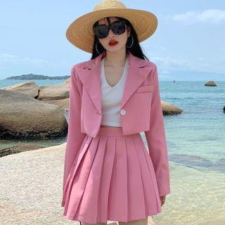 Long-sleeve Plain Cropped Blazer / Pleated Mini A-line Skirt